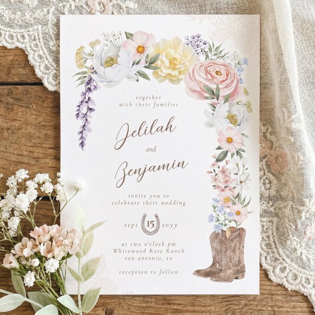 Convites Botas de Cowboy Florais de Aquarela de Casamento W (Western Wedding Watercolor Floral Cowboy Boots Invitation)