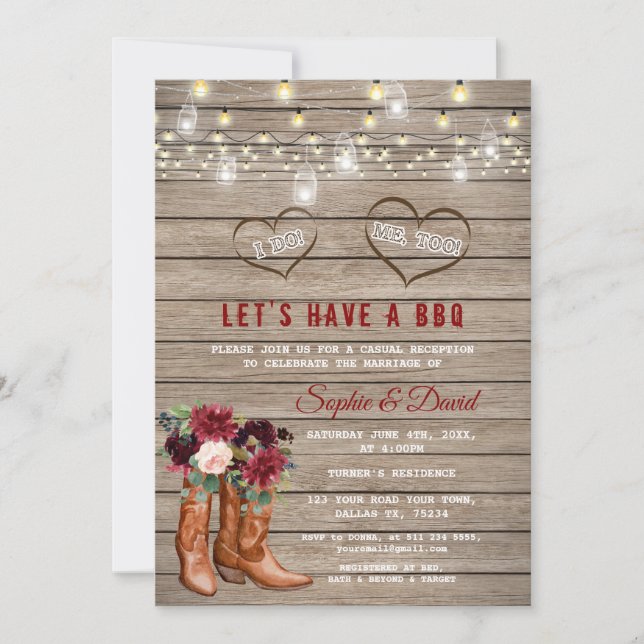 Convites Botas de Cowboy Ocidentais com Flores de Borgonha  (Frente)