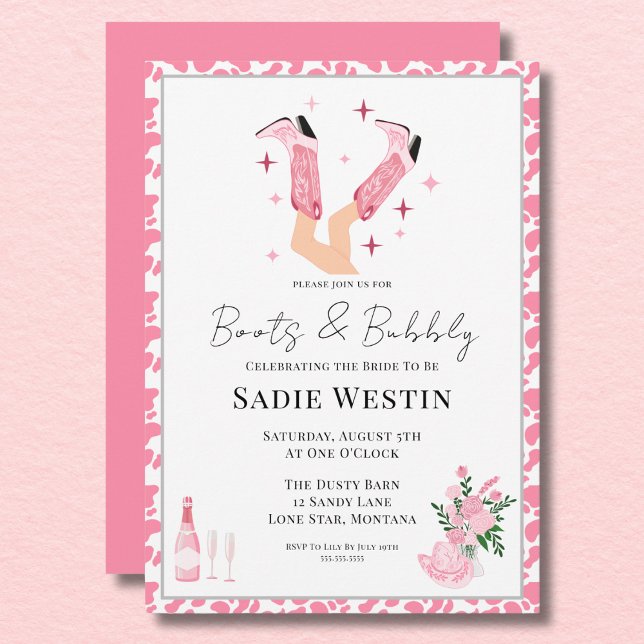 Convites Botas de Cowboy Rosa e Bridal Shower Bubbly (Criador carregado)