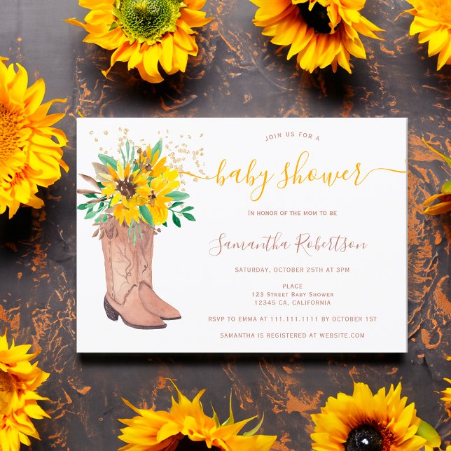 Convites Botas de cowboy russas, chá de fraldas de queda de (Rustic cowboy boots watercolor fall baby shower invitation)