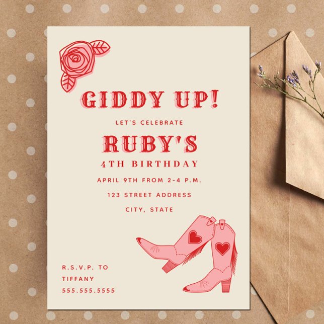 Convites Botas de Cowgirl Rosa Giddy Up Aniversário Rosa (Criador carregado)