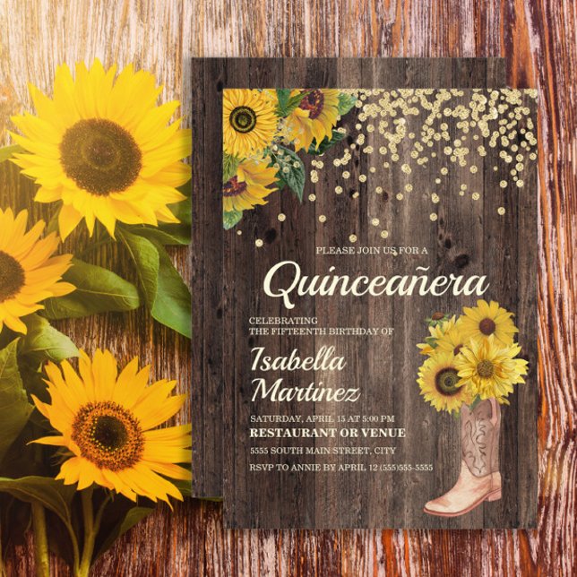 Convites Botas de Girassol Rústico com Brilho Quinceañera 1 (Sunflowers, cowgirl boots, and rustic wood Quinceanera birthday party invitation)
