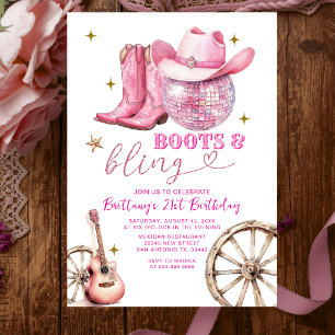 Convites Botas de Glitter Dourado Rosa e Brilho Aniversário