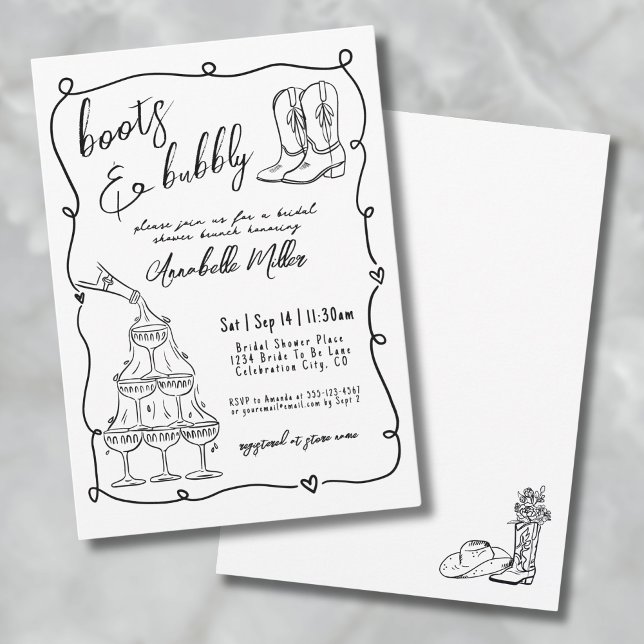 Convites Botas Desenhadas à Mão e Chá de Bebê para Noiva Es (Hand Drawn Boots And Bubbly Bridal Shower Invitation)