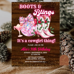 Convites Botas e Brilhos de Natal de Inverno Rosa Aniversár