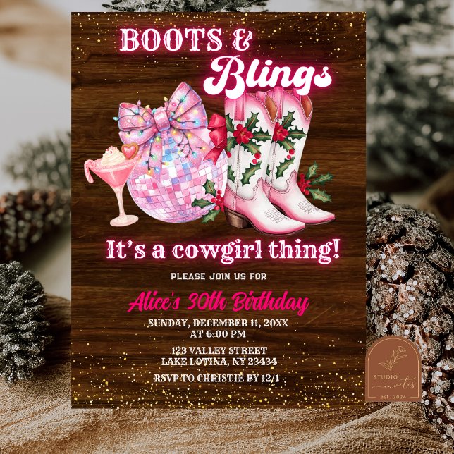 Convites Botas e Brilhos de Natal de Inverno Rosa Aniversár (Criador carregado)