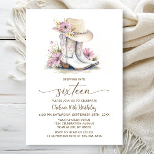 Convites Botas e Chapéu de Cowgirl Floral Aniversário de 16