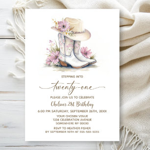 Convites Botas e Chapéu de Cowgirl Floral Aniversário de 21
