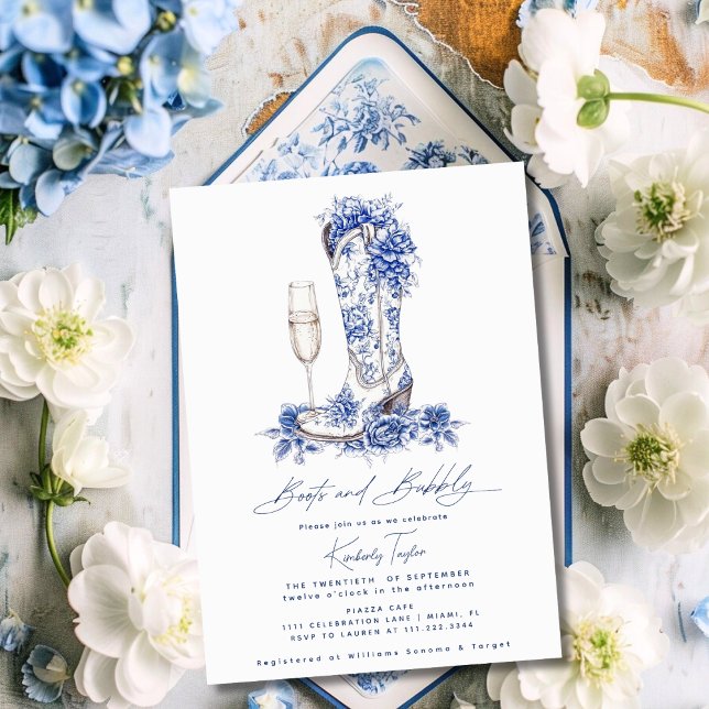Convites Botas E Espumante Azul Chinoiserie Chá de Noiva (Criador carregado)