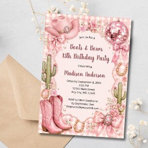 Convites Botas e Laços Rosa Aniversário Caubói Ocidental