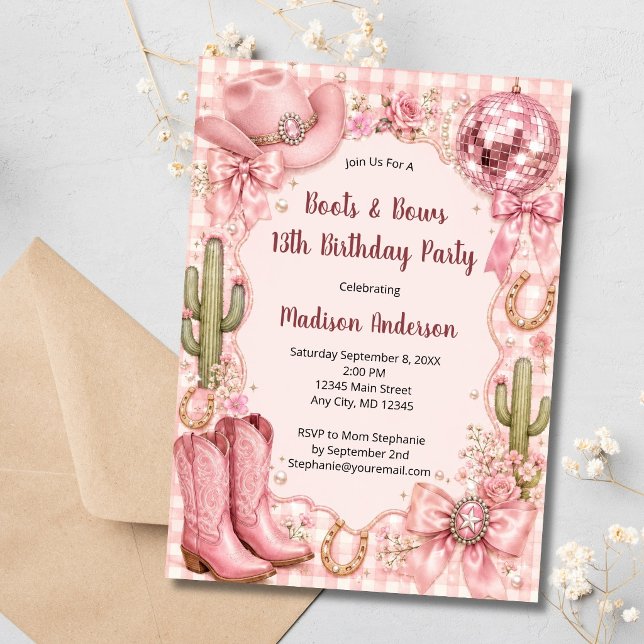 Convites Botas e Laços Rosa Aniversário Caubói Ocidental  (Pink Boots and Bows Cowgirl Western Disco Girls Birthday Party invitation. Printed or Digital )