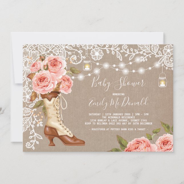 Convites Botas florais da vaqueira do chá de fraldas do (Frente)