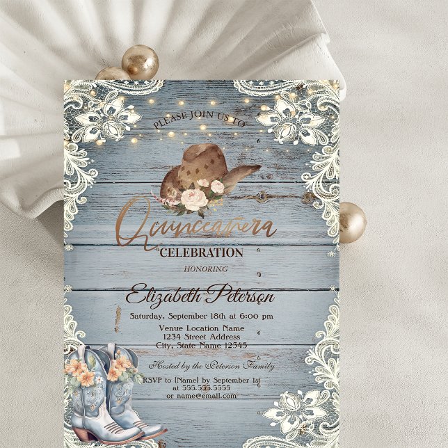 Convites Botas Florais de Renda Azul Quinceañera  (Criador carregado)