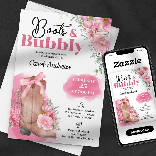 Convites Botas Florais Rosa e Bridal Shower Bubbly (Criador carregado)