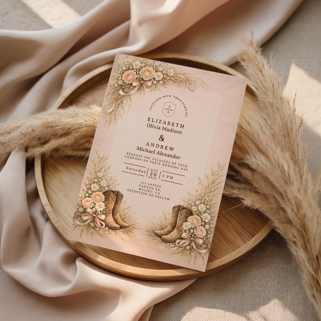 Convites Botas Ocidentais Casamento Beijo Rosado Suave (Criador carregado)