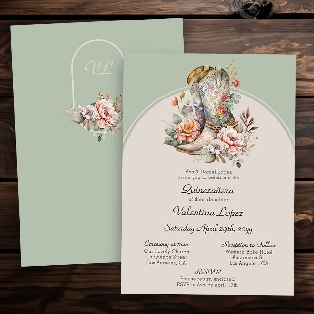 Convites Botas ocidentais florais Rústico Boho Quinceanera (Mass and Reception quince invitation from my Boho Floral Cowgirl Boots Quinceanera Collection)