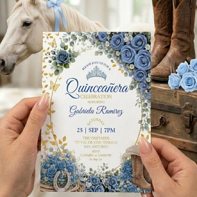 Convites Botas Ocidentais Rosas Azuis Douradas Quinceañera (Criador carregado)