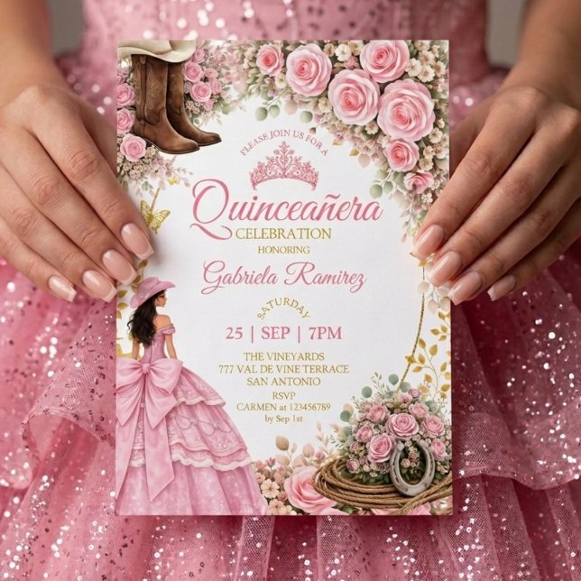 Convites Botas Ocidentais Rosas Cor-de-Rosa Douradas Quince (Criador carregado)