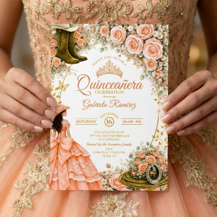 Convites Botas Ocidentais Rosas Pêssegos Dourados Quinceañe
