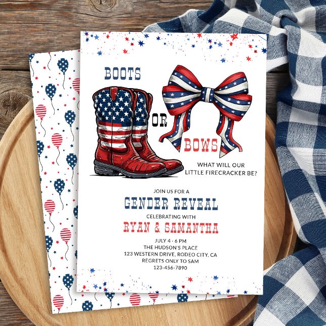 Convites Botas ou Laços Revelação de Gênero Vermelho Branco (Western Cowboy Boots or Bows Red White and Blue Gender Reveal Invitation)