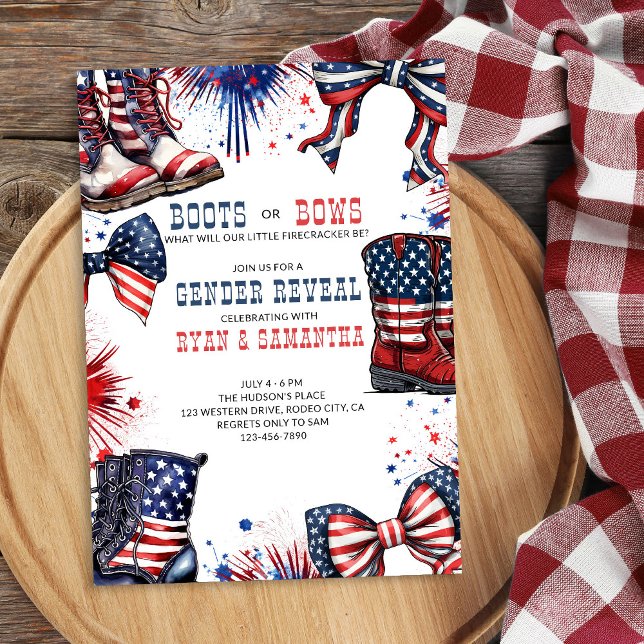 Convites Botas ou Laços Revelação de Gênero Western 4 de Ju (Western Cowboy Boots or Bows Red White and Blue Gender Reveal Invitation)