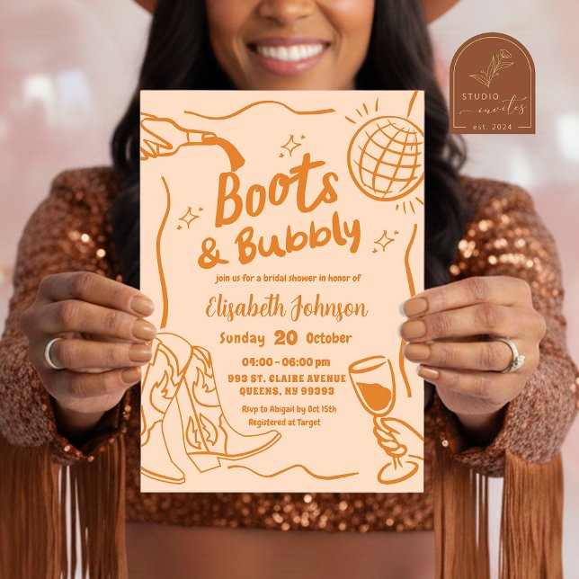 Convites Botas Retro Laranja e Bridal Shower Bubbly (Criador carregado)