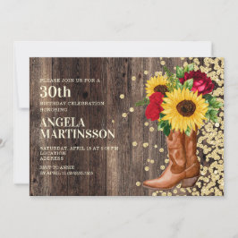 Convites Botas Rústicas de Aniversário de 30 Anos Girassóis
