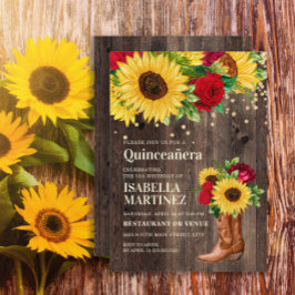Convites Botas Vermelhas de Girassóis Rústicos Quinceañera 