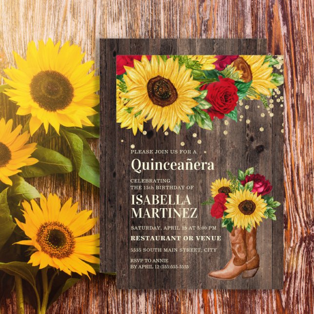 Convites Botas Vermelhas de Girassóis Rústicos Quinceañera  (Sunflowers, red roses, and cowgirl boots on rustic wood Quinceanera invitation)