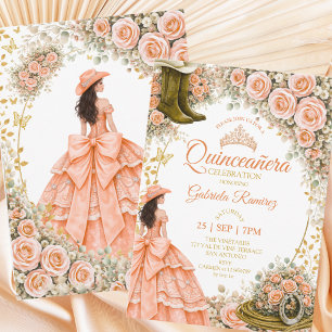 Convites Botas Western Peach Roses Golden Quinceañera
