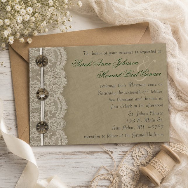 Convites Botões Antigos e Renda Casamento Rústico (Vintage Buttons and Lace Rustic Wedding Invitation)