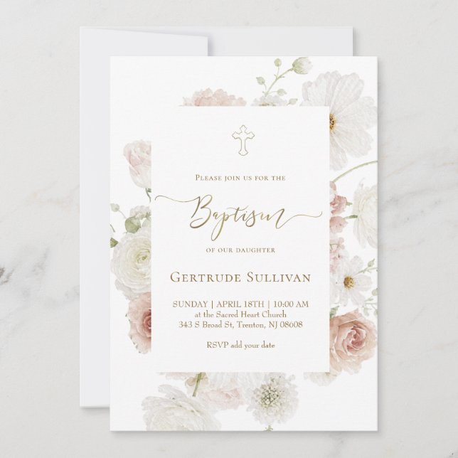 Convites bouquet elegante aquarela Batismo (Frente)