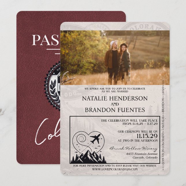 Convites Bourgundy Colorado Passport Wedding (Frente/Verso)