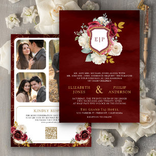 Convites Bourgundy Red Floral Código QR Foto Crest Casament