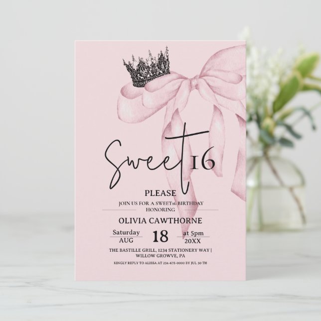 Convites Bow 16th Birthday ⎮Modern Pink Sweet 16 (Em pé/Frente)