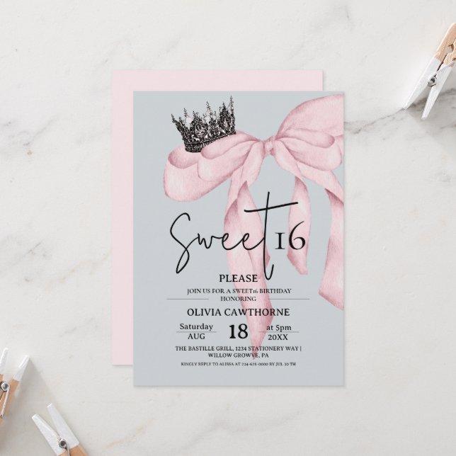Convites Bow 16th Birthday ⎮Modern Pink Sweet 16 (Frente/Verso In Situ)
