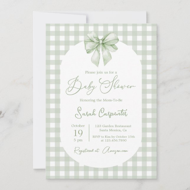 Convites Bow Baby Shower Sage Green invitation with bow (Frente)