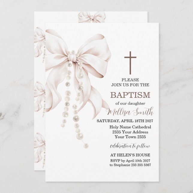 Convites Bow Baptism Girl (Frente/Verso)