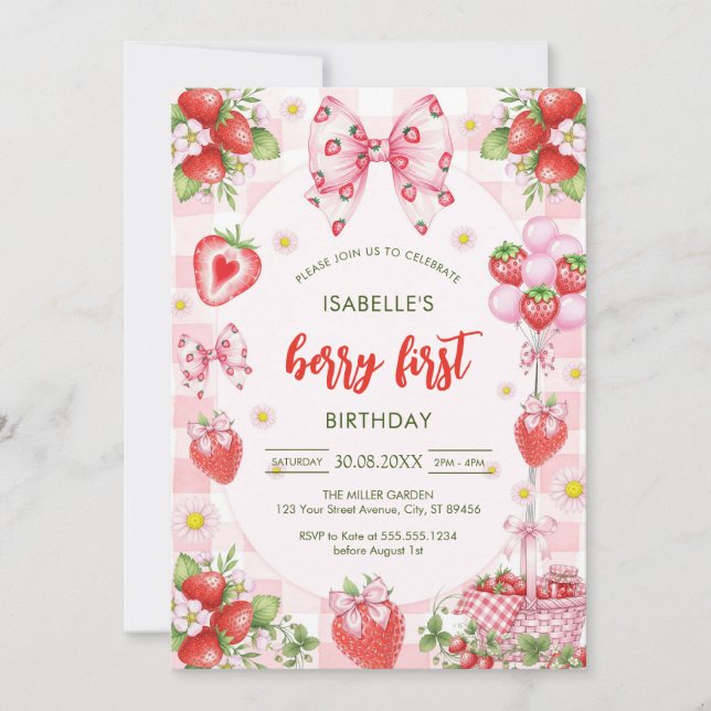 Convites Bow Berry First Birthday 1st Birthday Invitation (Frente)