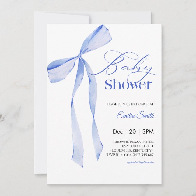 Convites  Bow Blue boy Baby shower (Frente)
