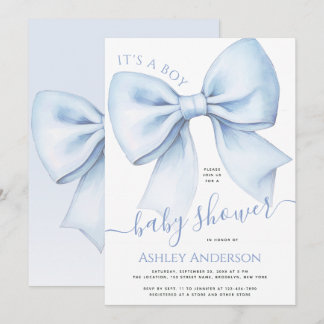 Convites Bow Blue & White Watercolor It's a Boy Baby Shower
