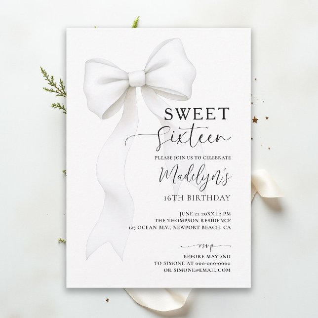 Convites Bow Chic Black White Elegant Calligraphy Sweet 16 (sweet sixteen birthday party invitation bow chic fashion simple classy black and white script)