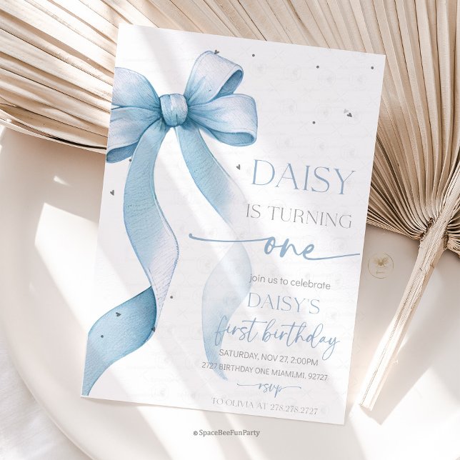 Convites Bow Coquette Blue 1st Birthday  (Bow Coquette Birthday Invitation )
