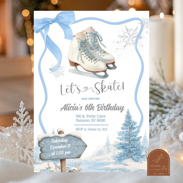 Convites Bow Coquette Blue Girl Let's Skate Birthday (Criador carregado)