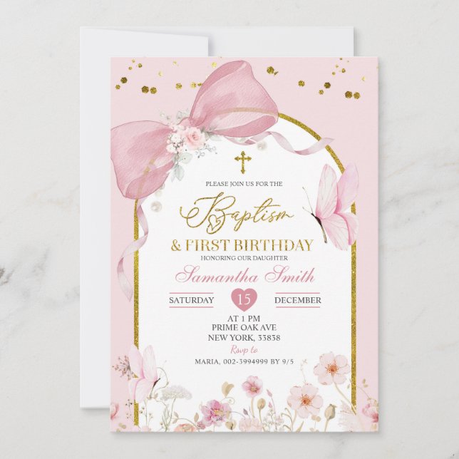 Convites Bow Coquette Blush Pink Baptism & 1st Birthday (Frente)
