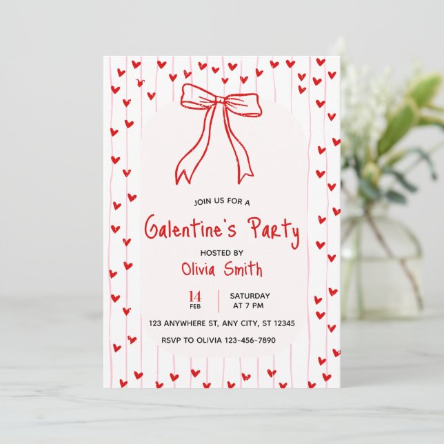 Convites bow coquette galentines party invite , red hearts  (Em pé/Frente)