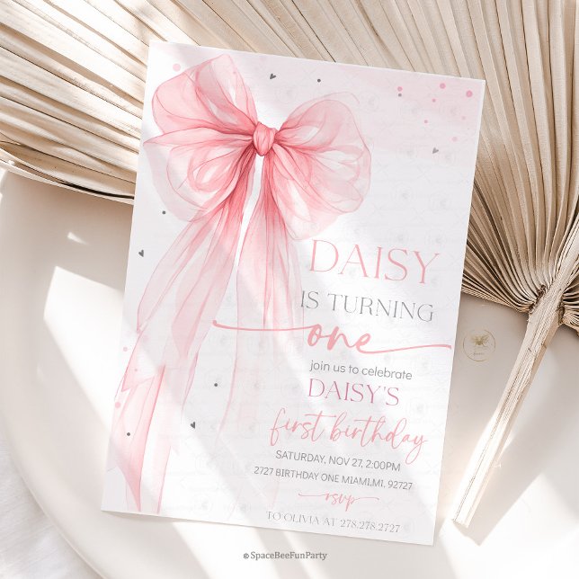 Convites Bow Coquette Pink 1st Birthday  (Bow Coquette Birthday Invitation )