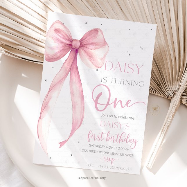Convites Bow Coquette Pink 1st Birthday  (Bow Coquette Birthday Invitation )