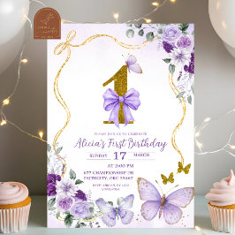 Convites Bow Coquette Purple Butterfly First Birthday