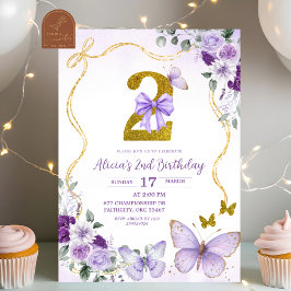 Convites Bow Coquette Purple Butterfly Second Birthday